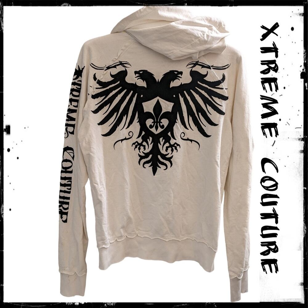 XTREME COUTURE Zip Up Hoodie Sweatshirt 
Velvet Print Eagle Spellout Sleeve y2k